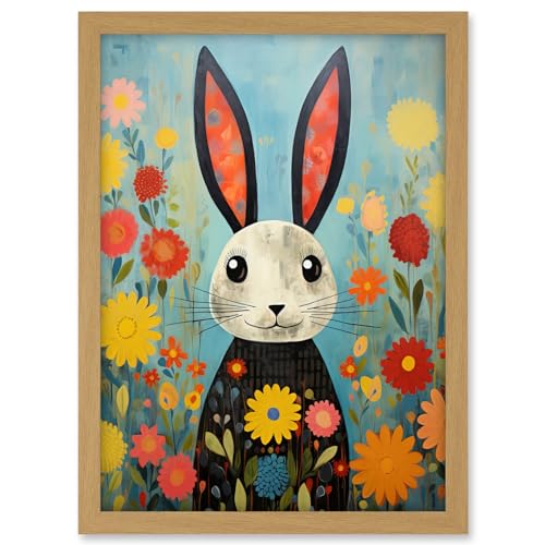 Artery8 Funny Bunny Illustration Modern Floral Rabbit Animal Artwork for Kids Bedroom or Baby Nursery Artwork Framed A3 Wall Art Print