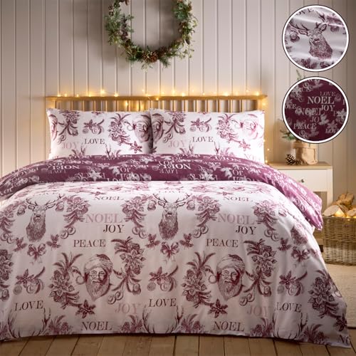 Simply Charlotte Santa Joy Double Bed Duvet Cover Set Christmas Xmas Bedding Bed Set Plum, Purple