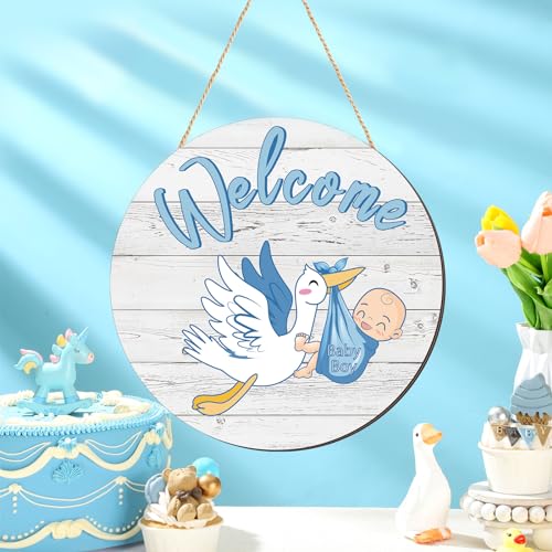 Chunful Baby Boy Door Sign Gender Reveal Welcome Sign Hanging Wreath Round Rustic Wood Farmhouse Decorations Holiday Front Door Decor for Baby Shower Porch Party Supplies