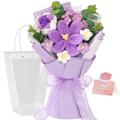 Alecono Purple Crochet Flower Bouquet Handmade Knitted Tulips Floral - Forever Artificial Flowers with Gift Card for Christmas, Valentine's Day, Mother's Day, Graduation, Birthday Gifts