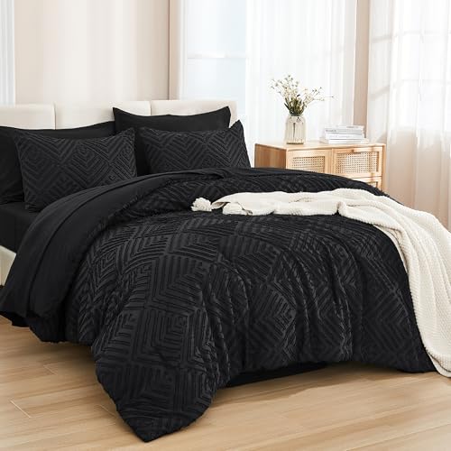 Andency Full Size Comforter Set 7 Pieces, Black - 7 Pieces, Bed in a Bag Full, Soft Lightweight Fluffy Polyester, Elegant Boho Tufted Reversible Bedding Set, All Season