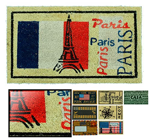 LUCA HOME Natural Coconut Doormat 70 x 40 cm with Non-Slip Backing, Fun Paris, Absorbent for Outdoor Doors or Hallways