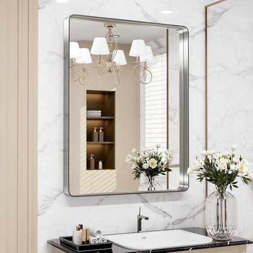 LOAAO 32X36 Inch Brushed Nickel Bathroom Mirror - Rounded Rectangle, Silver Metal Frame, Anti-Rust, Hangs Horizontally or Vertically, Tempered Glass