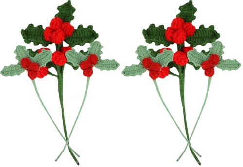 Talking Tables 3 x Christmas Crochet Holly Stems, 12 cm Handmade Festive Holly Leaf and Red Berry Decorations, Reusable Xmas Decor for Wreaths (Pack of 2)