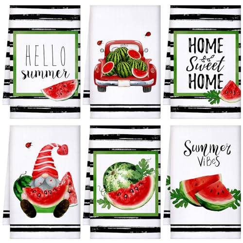 Sratte 6 Pcs Summer Kitchen Towels 24 x 16 Inch Farmhouse Watermelon Hand Bath Dishtowels Absorbent Watermelon Tea Towel for Holiday Kitchen Bathroom Decor Gifts