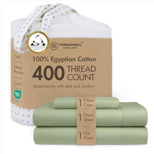 Threadmill Home Linen 400 Thread Count Bedding Collection 100% ELS Cotton Solid Sateen Sheet Set, Luxury Bedding, 3 Piece Set, Bed Sheets, Smooth Sateen Weave, Twin, Sage