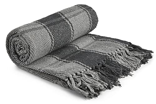 Emma Barclay Frisco - Recycled Cotton Traditional Check Chair Sofa Setee Throw Over Blanket in Charcoal Grey - 70x100 (178x254cm)