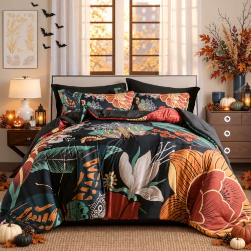Tyrot Black Boho Floral Queen Comforter Set - 3 Piece Farmhouse Botanical Bedding Comforter Sets for All Season Soft Lightweight Mid Century Modern Bed Set, (1 Reversible Comforter and 2 Pillow Shams