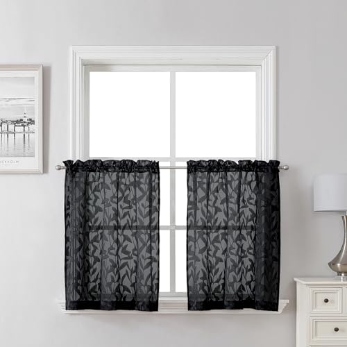 "Lecloud Leia Black Kitchen Sheer Curtains 24 Inch 2 Pcs, Jacquard Leaf Textured Voile Short Curtain Tiers with Rod Pocket, Soft Airy Bathroom Bedroom Curtains for Small Windows, 28"" W x 24"" L"