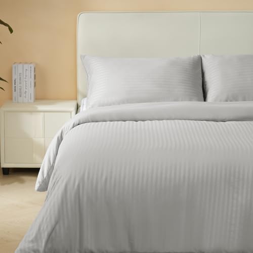 Good Nite Double Duvet Cover Polyester Striped Satin Duvet Cover Set Duvet Sets with 2 Pillowcases Skin Friendly and Soft Machine Washable (Light Gray, Double 200 * 200cm)