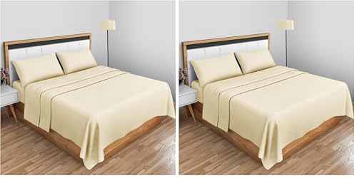 Easy Care Percale Flat Sheets Double- Shrinkage And Fade Resistant Bedsheet- Non Iron Bedding Polycotton Fabric Sheet- Cream (Pack of 2)