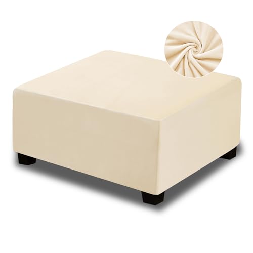 NeColorLife Ottoman Cover Square Velvet Ottoman Slipcover Thick Stretchable Footrest Stool Covers with Elastic Band for Ottoman(Small Size,Cream)