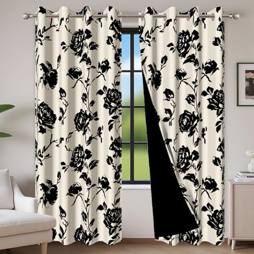 Baocicco Blackout Floral Curtains 63 inch Long for Bedroom, Printed Flower Black Out Curtains, French Country Window Treatment Farmhouse Drapes Set 2 Panels Black 53Wx63L