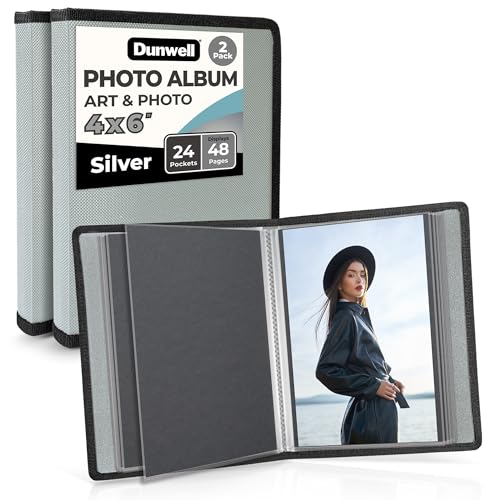 Dunwell Small Photo Album 4x6 with Black Mounting Paper (2-Pack, Silver), 4 x 6 Photo & Art Portfolio Presentation Book, Each Shows 48 Pages, Professional Mini Picture Book for 4x6 Artwork, Postcard