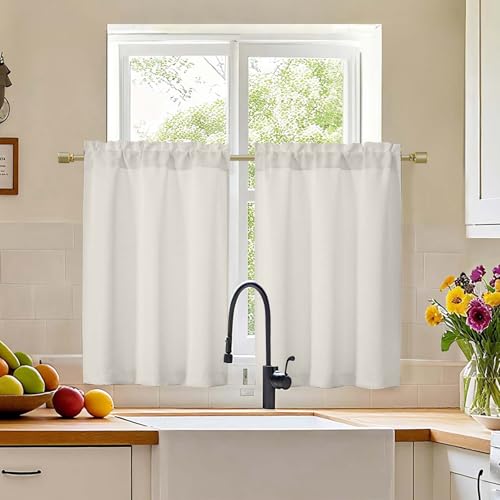 "Simplebrand Natural Cafe Curtains Tier 36 Inch Length 2 Panels Set, Half Window Blackout Curtains for Kitchen, Rod Pocket Tier Thermal Insulated Window Treatment Short Curtain, Each 30"" Wx36 L"