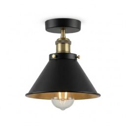 DC VOLTAGE Vintage Flush Ceiling Light E27 Metal Ceiling Lamp Black Exterior Gold Inner Conical Shade Ø 18cm, Industrial Flush Mount Lighting for Kitchen, Living Room, Bedroom, Hallway