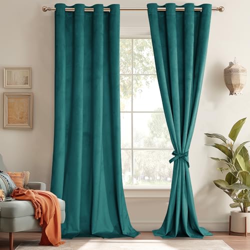 JIUZHEN Velvet Curtains 90 Inch Long???Soft Retro Velvet Blackout Thermal Insulated & Noise Reducing Grommet Curtains for Living Room/Closet,52W x 90L, 2 Panels with Tiebacks,Teal
