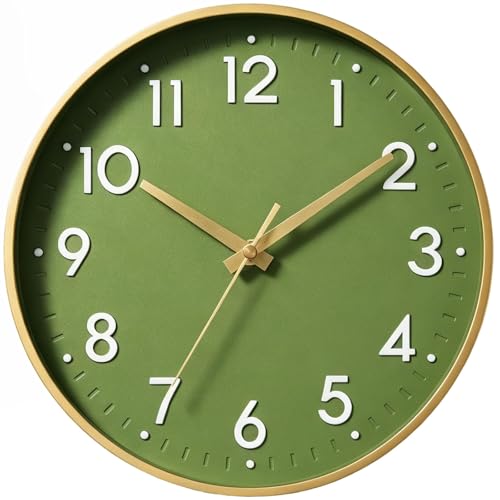 Mosewa 14 Inch Wall Clock Battery Operated Silent Non Ticking Analog - Olive green & gold modern clock oversized 3D easy-read dial for kitchen, bedroom & office 1 AA battery (not included)