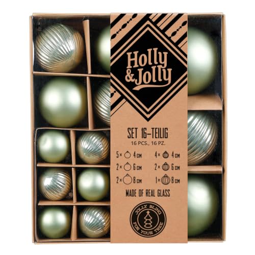 Holly & Jolly - Mild Sage Christmas Baubles with Structure, Pack of 16 - Glass Christmas tree baubles, approx. 4, 6 and 8 cm, Christmas tree decorations in sage, matt & textured