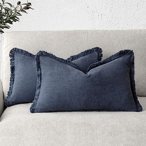 Foindtower Set of 2 Decorative Linen Fringe Throw Pillow Covers Boho Farmhouse Cushion Cover with Tassels Accent Pillowcase for Couch Bed Sofa Living Room Home Bedroom Decor, 12??24 Inch, Navy Blue