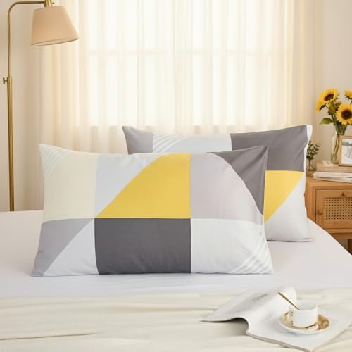 "Cozaline Standard Size Pillowcases Set of 2, 100% Cotton Pillow Cases, Modern Geometric Yellow and Grey Print, Soft Breathable Envelope Closure Pillow Covers(Standard, 20""x26"")"