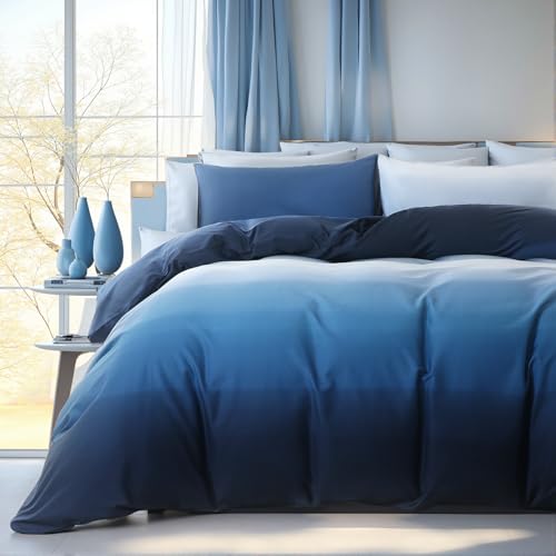 Cozaline Blue and White Duvet Cover King Size 100% Cotton Duvet Cover Sets Gradient Blue Comforter Cover Ocean Like 3 Pcs Soft and Lightweight Bedding Set for All Seasons