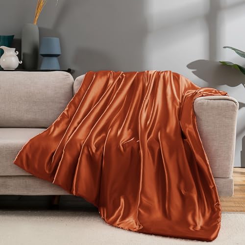 Vonty Satin Throw Blanket Burnt Orange 50x60 Inches, Cooling & Silky Cable Knit Blanket for Couch Sofa Bed Outdoor, Wrinkle-Free