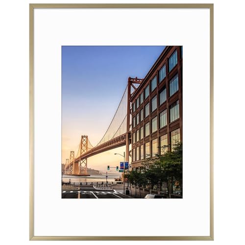 Frametory, 11x14 Aluminum Picture Frame - 11x14 Gold Frame with Ivory Color Mat for 8x10 Photo - 14 by 11 Metal Photo Frame & Real Glass - Sawtooth Hanger Included for Wall Display - 1 Pack
