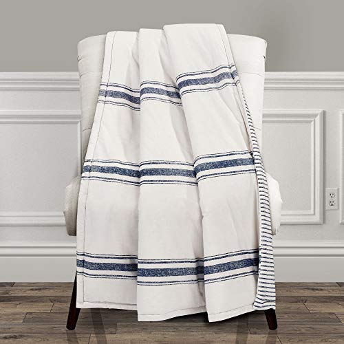 "Lush Decor Farmhouse Stripe Throw - Reversible Ticking Pinstripe Design Blanket, 50"" x 60"", Navy"