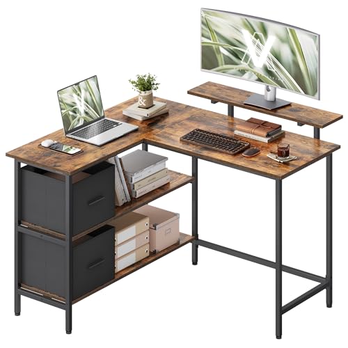 VASAGLE L-Shaped Computer Desk Corner Desk 2 Spacious Drawers Monitor Holder Adjustable Rack Rustic Brown LWD097B01