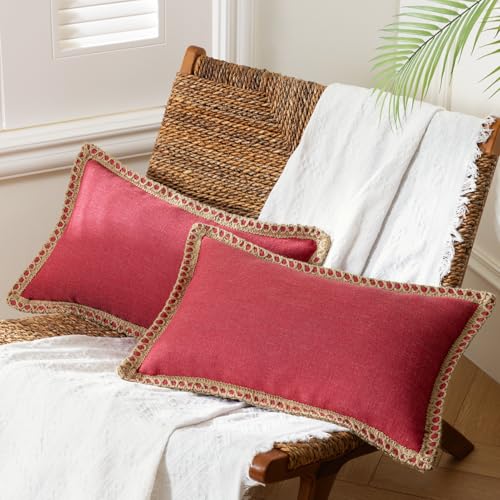 "Phantoscope Pack Of 2 Farmhouse Burlap Linen Trimmed Tailored Edges Throw Pillow Case Cushion Covers Red 12"" X 20"" 30 X 50 Cm"