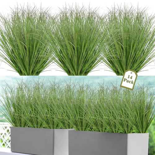 UXORSN 14 Bundles Artificial Plants Onion Grass Outdoor 20 Inch Tall Fake Shrubs Wheat Grass UV Resistant Greenery Stems Faux Bushes Plant for Indoor Outdoor Garden Office Home Decor