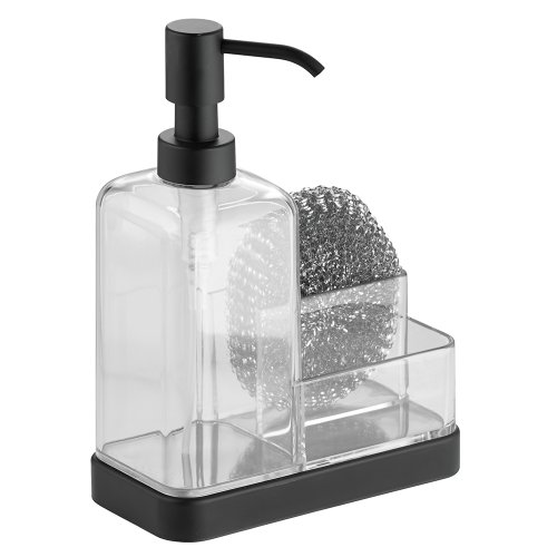 iDesign Forma Kitchen Countertop Soap Dispenser Pump, Sponge, Scrubby Organizer - Clear/Matte Black