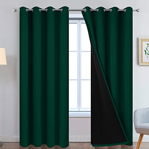 "Yakamok Dark Green 100% Blackout Curtains 90 Inches Long 52"" Wide 2 Panels - Blackout Curtain Panels for Bedroom, 2 Thick Layers Grommet Top Thermal Insulated Drapes with Black Liner for Living Room"