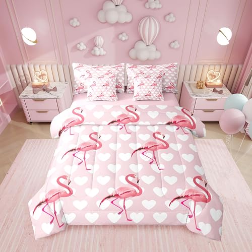 Erosebridal Flamingo Love Hearts Girls Pink 7 Piece Bedding Set Twin - Kawaii White Cute Animal Comforter Set with Sheets Tropical Wildlife Safari Romantic Bed in A Bag Kids Teens Women Bed Sets