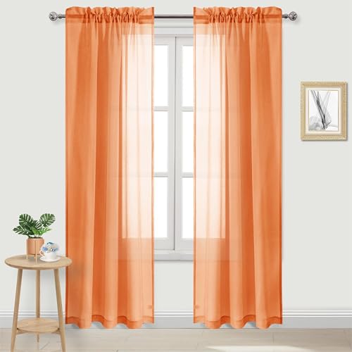 DWCN Sheer Curtains Semi Transparent Voile Rod Pocket Curtains for Bedroom and Living Room, Sunset Orange, 42 x 84 inches Long, Set of 2 Panels