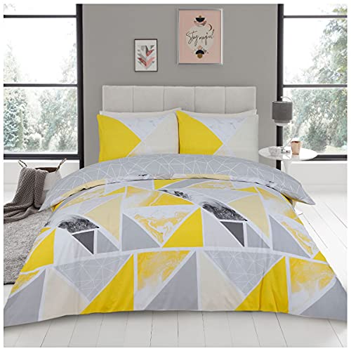 GC GAVENO CAVAILIA Easy Care Mila Geometric Duvet Cover, Luxury Soft & Cosy Printed Reversible Marble Quilt Bedding Sets, 50% Polyester & 50 Cotton, Ochre/Grey, King, 521433