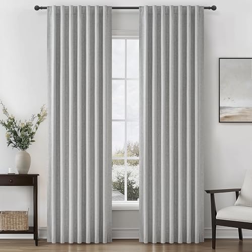 "Gray 105 Inch Extra Long Blackout Curtains for Bedroom 2 Panels Set, Boho Room Darkening Pleated Flax Linen Blend Window Curtain 105 Inches Long with Hooks for Patio Sliding Door Burg(50""Wx105""L)"