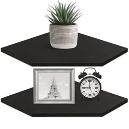 Homode Corner Shelf Wall Mount, Set of 2 Corner Floating Shelves with Wire Hole for TV, Cable Box, Wood Hanging Storage Shelf Organizer for Bathroom Kitchen Living Room Bedroom, Black