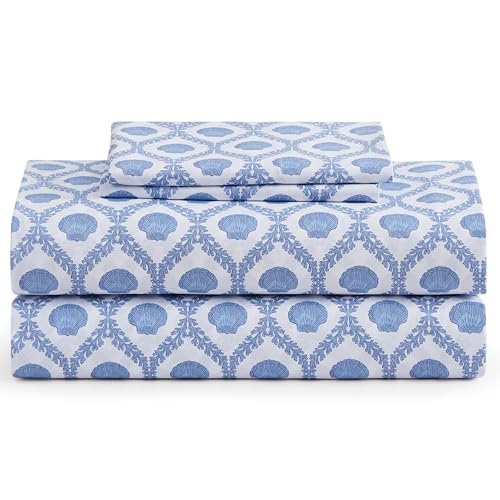 "Caribbean Joe Queen Coastal Print Microfiber Sheet Set, Cove - Soft, comfortable 100% polyester microfiber 4-piece set with 12"" deep pockets and a coastal seashell pattern"