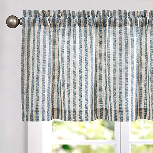 Vangao Kitchen Valance Linen Blend Stripe Short Curtain Farmhouse Country Rustic Pinstripe Tickingstripe Light Filtering Rod Pocket Window Topper Treatment 18 Inch 1 Panel Blue on Beige