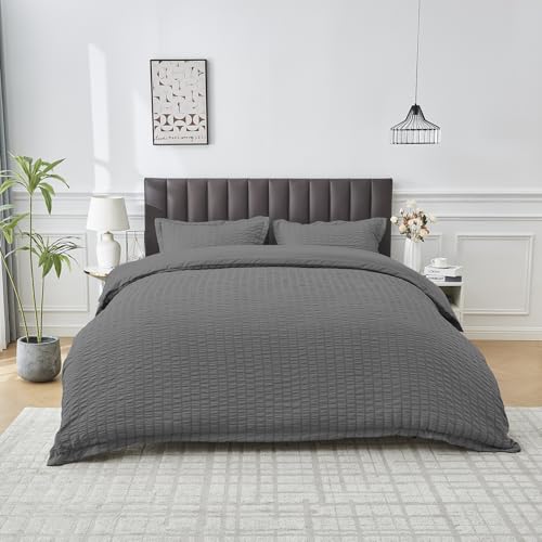 GC GAVENO CAVAILIA Seersucker Duvet Cover Sets - Hypoallergenic Double Bedding Set with Pillowcases - Easy Care, Soft Polyester Comforter Cover - Washable Bed Linen (200 x 200 cm) - Charcoal