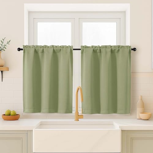 OVZME Sage Green Curtains for Small Window Treatment, Light Blocking Short Kitchen Window Curtains Over Sink, Dual Rod Pocket Half Window Tiers for Bathroom Basement, Each 40Wx36L, 2 PCS