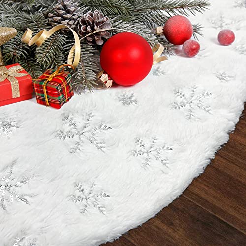 Voyoly Christmas Tree Skirt, 48 Inch White Christmas Tree Decorations Indoor Sequin Tree Collar Faux Fur Silver Snowflake Plush Rug Xmas Holiday Party Supplies Large Tree Mat Decor Ornaments 2020