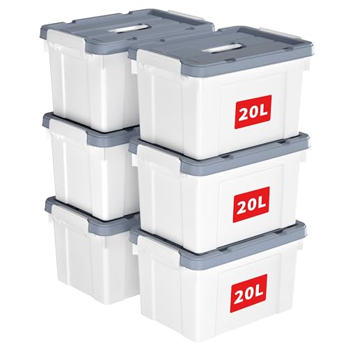 Cetomo 20L*6 Storage Boxes, Carry Plastic Storage Box with Lids, Organizing Container with Handle and Secure Latches, Nestable & Stackable Tote Box for Home Office, 20L-6 Pack, White