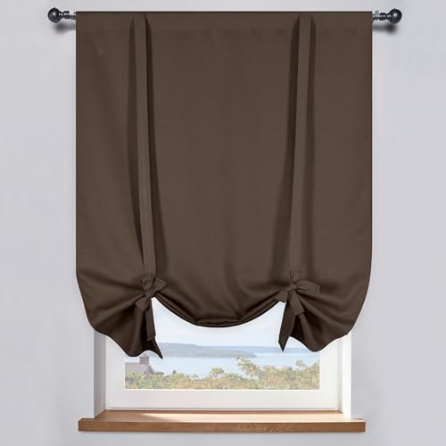 DONREN Coffee Brown Blackout Curtain for Bathroom Windows Adjustable Tie Up Shade Curtain with Rod Pocket Top for Kitchen (34 inches W x 54 inches L Set of 1)