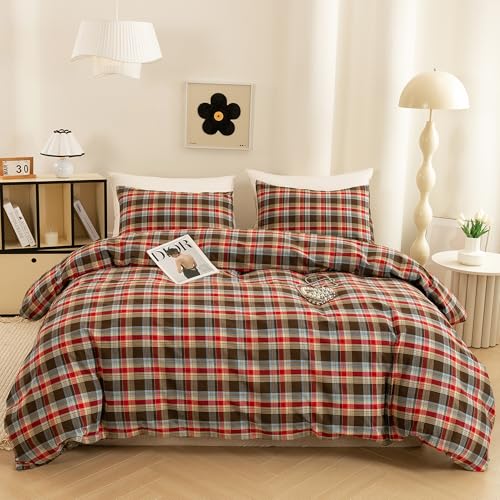 ECOCOTT Buffalo Plaid Duvet Cover King Size??? 3 Piece Washed Cotton Bedding Set with Classic Checkered Pattern, Red & Brown Duvet Cover with Pillowcases for All Seasons