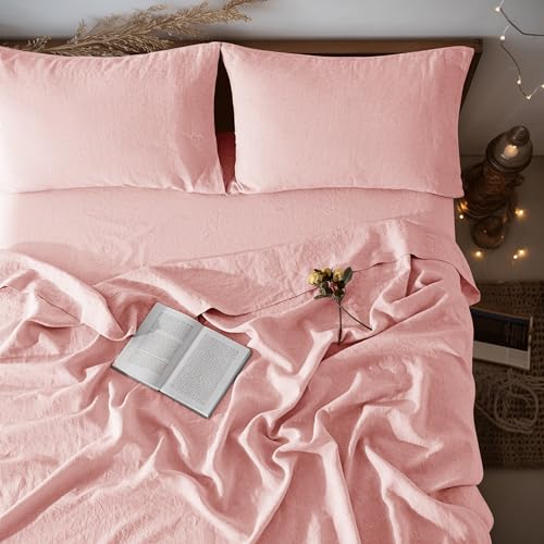 "LBRO2M 100% Linen Sheet Set 16"" Deep Pocket Full Size,Bed Sheets 4 Piece Sets,Solid Color Natural Flax Bed Sheets Soft Breathable Bedding, All Season (Full, Blush Pink)"