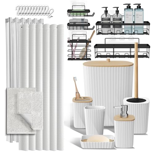 Shower Caddy and Bathroom Accessories Set with Bath Rugs 27PC Bathroom Accessory Set with Shower Caddies White Bath Rugs, Shower Curtain Set, Toilet Brush, Trash Can, Soap Dispenser, Toothbrush holder