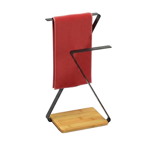 Relaxdays Towel Stand, Worktop, HxWxD 36.5x26.5x15cm, 2-arm, Jewellery, Bathroom/Kitchen, Iron, Bamboo, Black